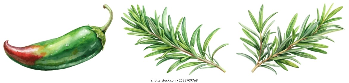 Fresh green chili, vibrant rosemary sprigs, watercolor style, culinary herbs, natural ingredients, food illustration.