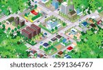 Fresh green cityscape illustration. Vector illustration of buildings.