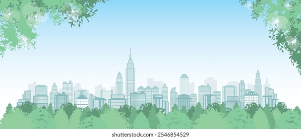 Fresh green cityscape illustration. Vector illustration of buildings.