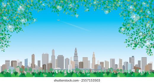 Fresh green cityscape illustration. Vector illustration of buildings.