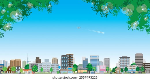 Fresh green cityscape illustration. Vector illustration of buildings.