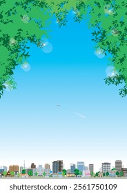 Fresh green cityscape illustration. Vector illustration of buildings.