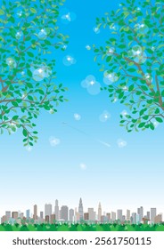 Fresh green cityscape illustration. Vector illustration of buildings.