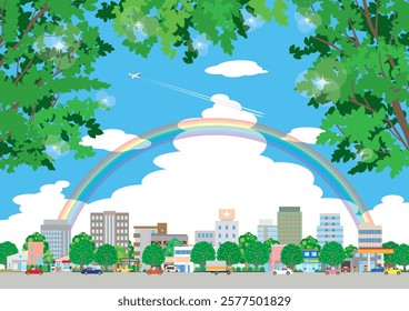 Fresh green cityscape illustration. Vector illustration of buildings.