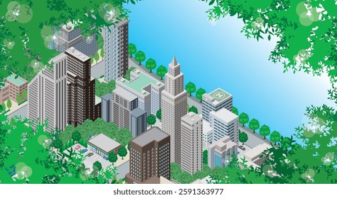 Fresh green cityscape illustration. Vector illustration of buildings.