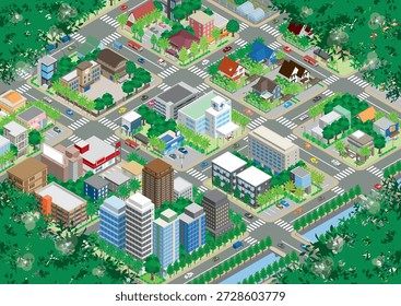 Fresh green cityscape. Three-dimensional view of the townscape.