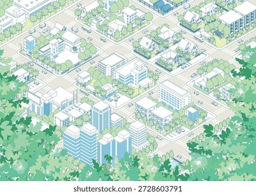 Fresh green cityscape. Three-dimensional view of the townscape.