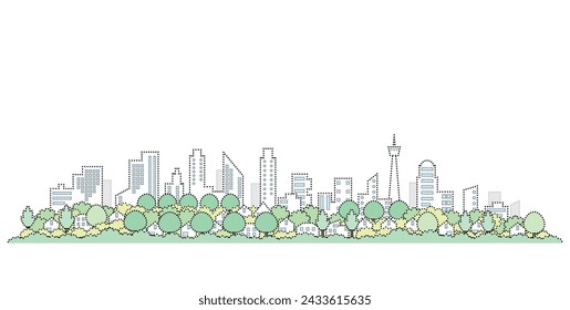 Fresh green cityscape. Vector illustration of dot painting.