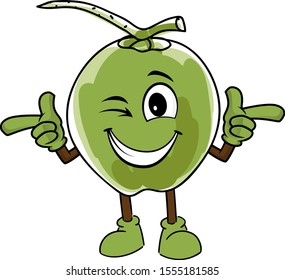 Fresh green coconut character with cheerful mood, isolated background
