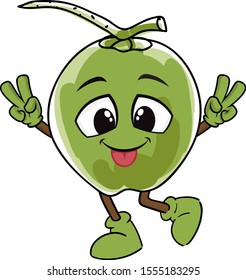 Fresh green coconut character with happy mood, isolated background