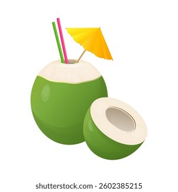 Fresh green coconut with straws and cocktail umbrella showing its white interior