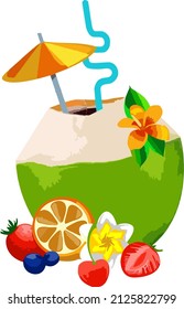 fresh green coconut with tropical fruits and straw, simple vector illustration for design