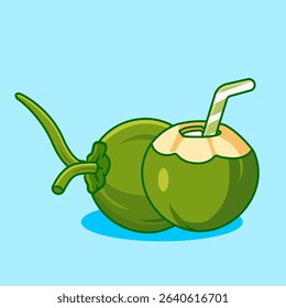 Fresh Green Coconuts with a Straw for a Refreshing Tropical Drink Vector Illustration Cartoon Design
