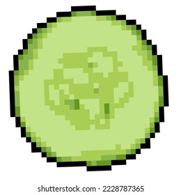 Rebanada verde de pepino Pixel Art aislada en ilustración vectorial de fondo blanco. Ensalada vegetal picada