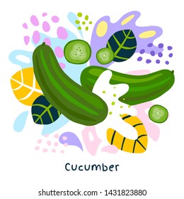 Fresh green cucumber vegetable juice splash organic food juicy vegetables splatter on abstract background vector hand drawn illustrations