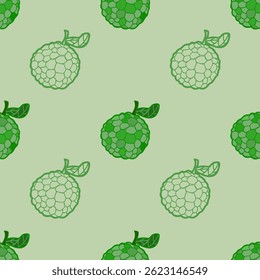 Fresh Green Custard Apple Pattern: A Seamless Repeat Design Featuring Whole Custard Apples with Sketch Details on a Light Green Background