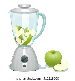 fresh green cut apples in a glass bowl of the blender, the whole apple and one apple segment lies nearby