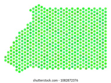 Fresh green Equatorial Guinea map. Vector hexagonal territorial plan using eco green color variations. Abstract Equatorial Guinea map mosaic is organized with honeycomb blots.