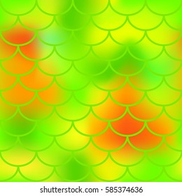 Fresh green fish skin vector pattern for background. Bright fish scale seamless pattern. Gradient mesh background with fishscale ornament. Neon yellow red green color mix. Golden fish tail ornament