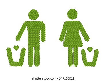 Fresh Green Four Leaf Clover Forming A Man and A Woman Throwing A Hearth into A Trash Can Icon, Isolated on White Background 