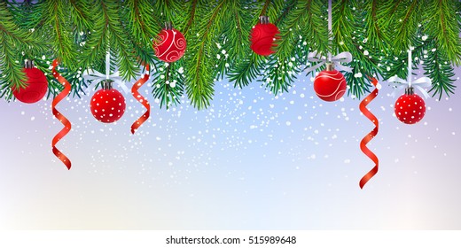 fresh green fur-tree branches forming border over blank background