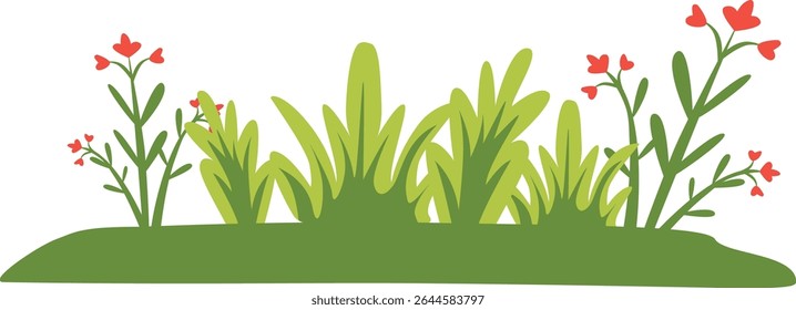 Fresh green grass and blooming wildflowers illustration, ideal for natural garden scenes, spring backgrounds, landscape decoration, eco design, and outdoor nature-themed projects.