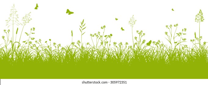 Fresh Green Grass Landscape with Herbage and Butterflies in Springtime on White Background - Vector Illustration