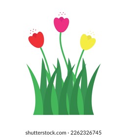 Fresh green grass with multicolored flowers. Vector flat illustration