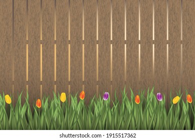 Fresh green grass near wooden fence. Space for text