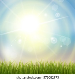 Fresh green grass. Sunburst with sun flare on green grass. Colorful sunset or sunrise. Spring or summer bokeh background. Vector Illustration.