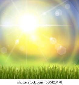 Fresh green grass. Sunburst with sun flare on green grass. Colorful sunset or sunrise. Spring or summer bokeh background. Vector Illustration.