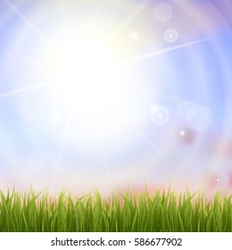 Fresh green grass. Sunburst with sun flare on green grass. Colorful sunset or sunrise. Spring or summer bokeh background. Vector Illustration.