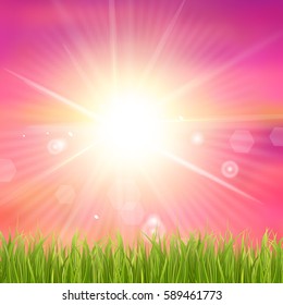 Fresh green grass. Sunburst with sun flare on green grass. Colorful sunset or sunrise. Spring or summer bokeh background. Vector Illustration.