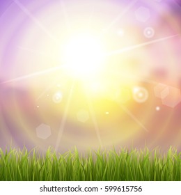 Fresh green grass. Sunburst with sun flare on green grass. Colorful sunset or sunrise. Spring or summer bokeh background. Vector Illustration.