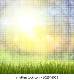 Fresh green grass. Sunburst with sun flare on green grass. Colorful sunset or sunrise. Spring or summer bokeh background. Vector Illustration.