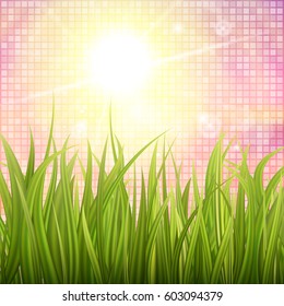 Fresh green grass. Sunburst with sun flare on green grass. Colorful sunset or sunrise. Spring or summer bokeh background. Vector Illustration.