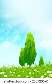 Fresh green grass with yellow bokeh and Trees and flowers. Beauty natural background
