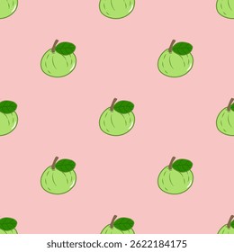 Novo padrão de goiaba verde: um design repetido sem costura apresentando goiabas inteiras com folhas em um fundo rosa suave