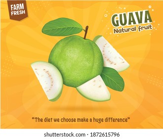 Fresh green guava vector illustration with green leaves on yellow background