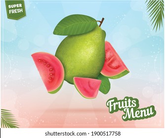 fresh green guava vector illustration  with guava pieces and slices on light skyebl