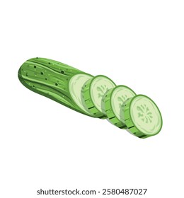 Fresh, green, healthy cucumber, sliced ​​into pieces, isolated on white background. Suitable for concepts related to healthy eating, vegetarian food, organic products and natural ingredients.