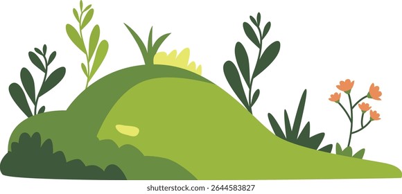 Fresh green hill with grass, leaves, and small flowers, perfect for nature scenery, spring backgrounds, eco-friendly landscape designs, garden decoration, and outdoor environment illustrations.