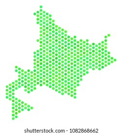 Fresh green Hokkaido Island map. Vector hex-tile territory scheme drawn with green color shades. Abstract Hokkaido Island map concept is designed with hexagonal blots.