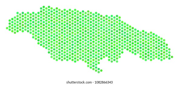 Fresh green Jamaica map. Vector honeycomb geographic scheme drawn with eco green color variations. Abstract Jamaica map composition is designed with hex-tile items.