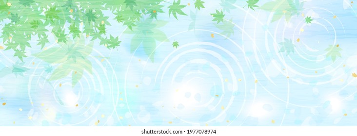 Fresh green Japanese maple reflected on the surface of the water Cool summer background illustration