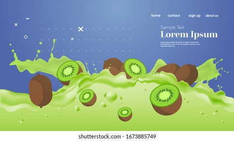 fresh green kiwi juice liquid splash realistic splashes healthy fruits splashing waves horizontal copy space vector illustration