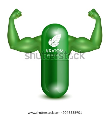 Fresh green Kratom leaf (Mitragyna speciosa) Green capsule with arms showing strong muscles powerful. Herbal product alternative, narcotics, painkiller. Medical concept. Realistic 3D vector.