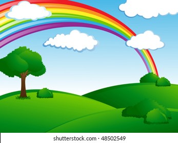 fresh green landscape with rainbow