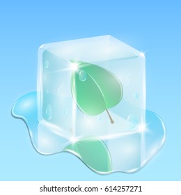 A fresh green leaf frozen in a cube of ice. Creative and rich illustration in 3d style. Winter composition