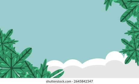 Folhas verdes frescas emolduram um céu azul suave com nuvens brancas suaves, criando uma borda serena e natural. para temas de primavera, verão, natureza e ambientes ao ar livre pacíficos com amplo espaço de cópia